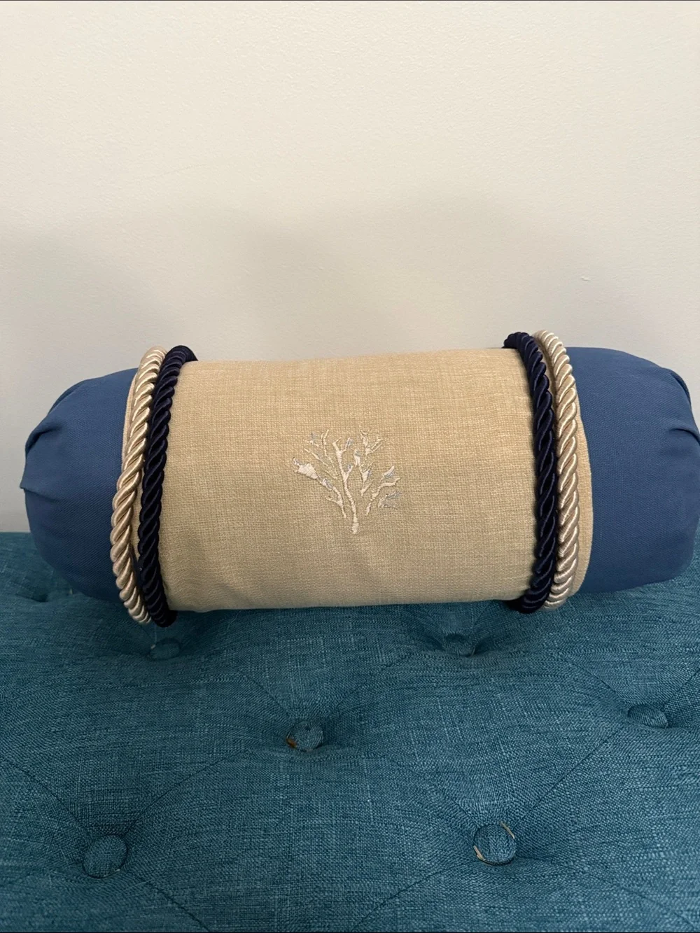 Blue and Beige Decorative Bolster Pillow
